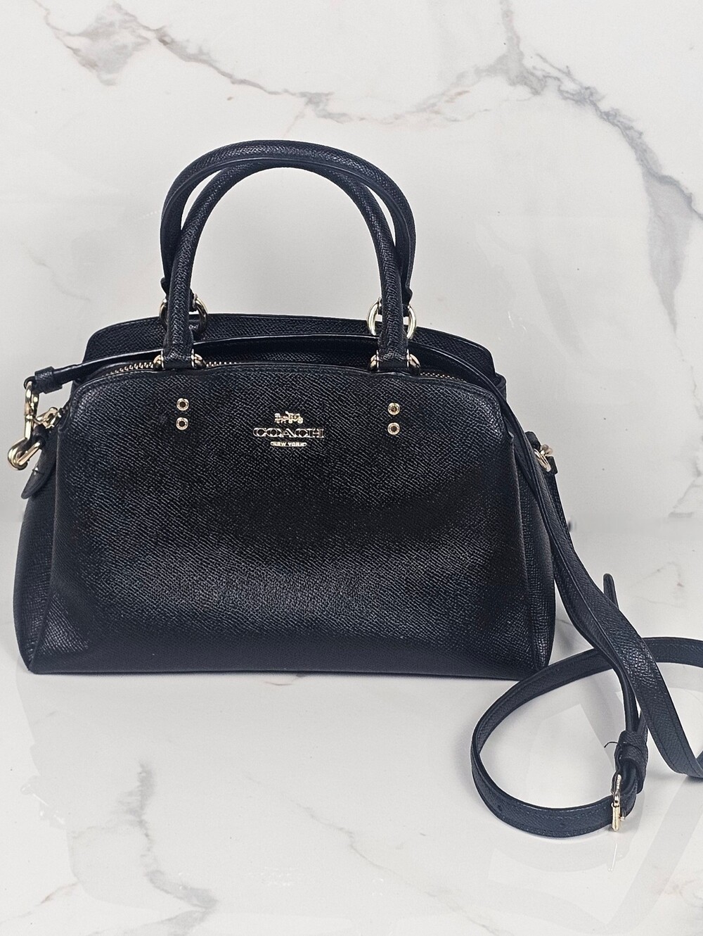 Coach 91146 Mini Lillie Carryall‎ Black Crossgrain Leather Satchel Crossbody Bag